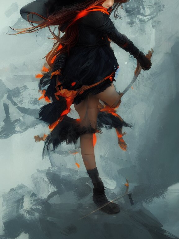 Full shot of a cute mischievous young witch about to get up to some trouble. Black and Orange palette. By Ruan Jia and Artgerm and Range Murata and WLOP and CLAMP and Loish. Key Art. Fantasy Illustration. award winning, Artstation, intricate details, realistic, Hyperdetailed, 8k resolution.