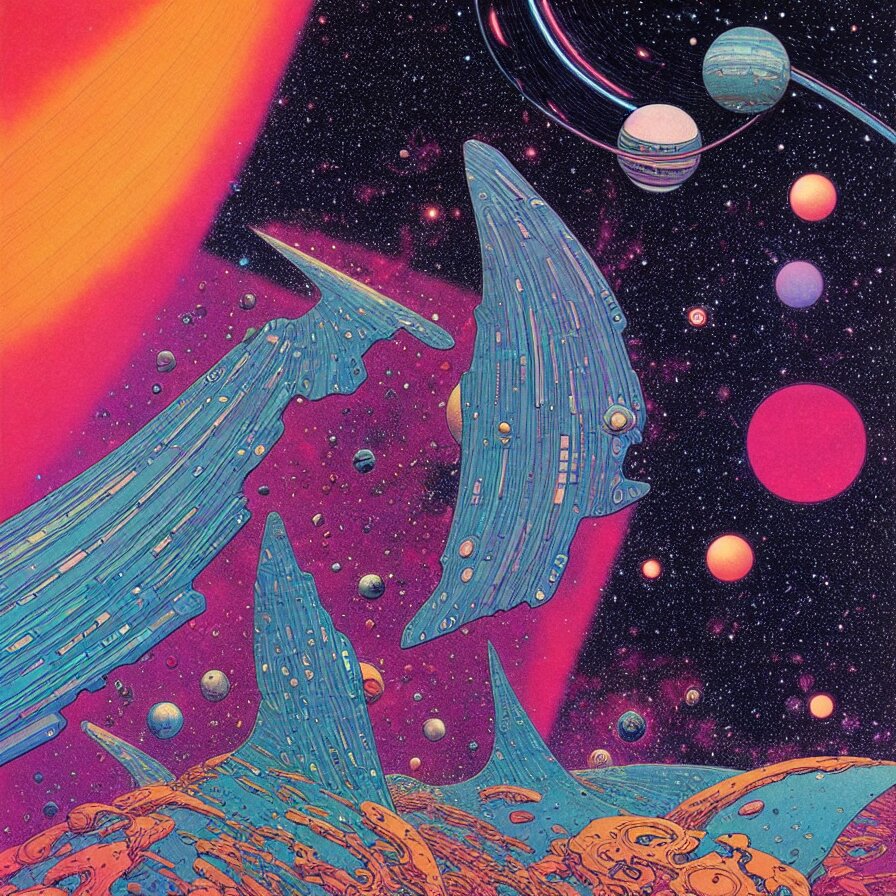 ( ( ( ( beautiful edge of the galaxy ) ) ) ) by mœbius!!!!!!!!!!!!!!!!!!!!!!!!!!!, overdetailed art, colorful, artistic record jacket design 