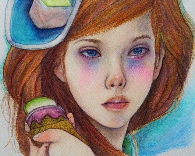 a girl with the ice cream watercolor colored pencil painting trending on artstation 