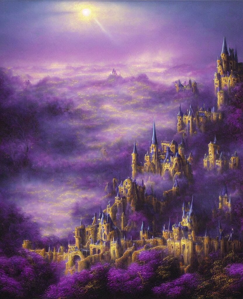 beautiful matte airbrush painting of a of a fantasy landscape with a european medieval castle made of light in the distance enveloped in trails of colorful animal ghosts floating around it, clear painting and good lighting, dark blue and intense purple color palette, mystical fog, art by gilbert williams, yoshitaka amano, high quality 