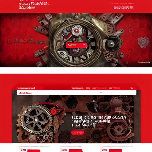 a full ux layout of a steampunk mechanical dog dashboard and marketplace site design, red theme. 