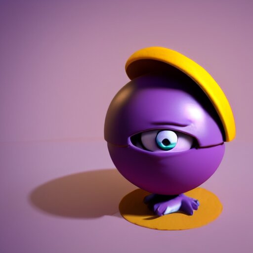 photo of a clay model of character with large spherical purple head and tiny eyes with comically tiny body and spindly limbs leans close to the camera, fish eye lens, 4 k, hyper realistic, hyper detailed face, octane render 