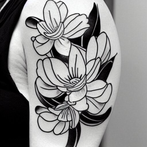 black and white tattoo of koi fish with camelia flowers, on white background, japanese traditional style, stylized, 