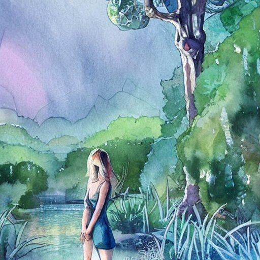 Woman in a beautiful happy picturesque charming sci-fi city in harmony with nature. Beautiful light. Water and plants. Nice colour scheme, soft warm colour. Beautiful detailed watercolor by Lurid. (2022)