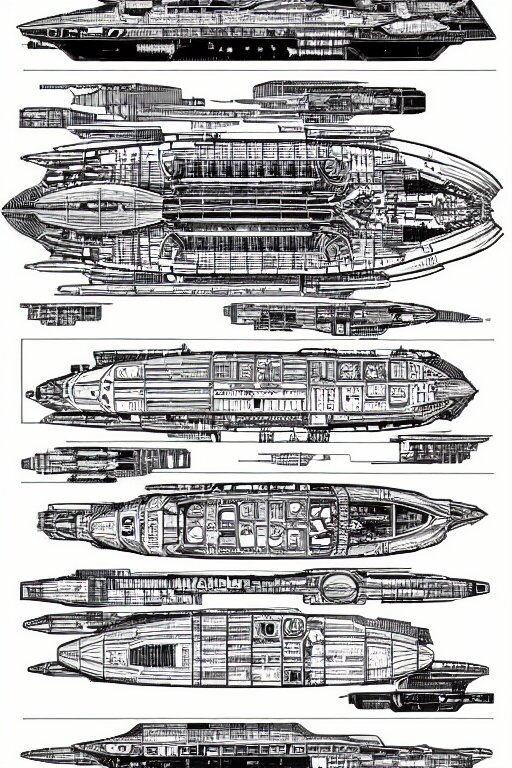 intricately detailed blueprint of a cruiser class spaceship by Jen Bartel and Dan Mumford and Satoshi Kon