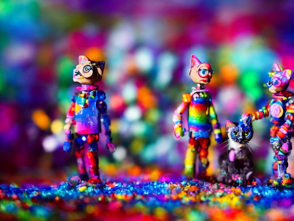 a cinematic film still of a claymation stop motion film, a gay mage and his artist boyfriend in a colorful glass universe, making robotic kittens, shallow depth of field, 8 0 mm, f 1. 8 