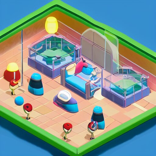 a chubby cute pokemon gym room, 3 d illustration, isometric, 1 0 0 mm, studio lighting 