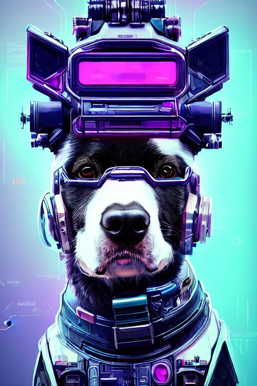 a beautiful portrait of a cute cyberpunk dog by sandra chevrier and greg rutkowski and wlop, purple blue color scheme, high key lighting, volumetric light, digital art, highly detailed, fine detail, intricate, ornate, complex, octane render, unreal engine, photorealistic 