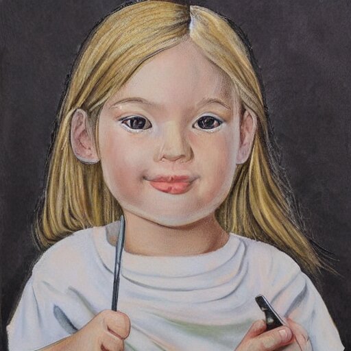 4 year old blonde girl with iphone colored pencil on white background by eloise wilkin 