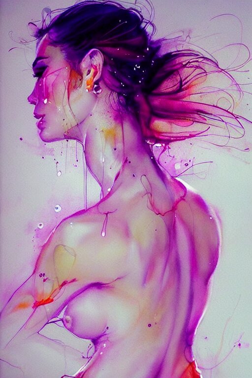 sexy lacivious little smile sophia vergara by agnes cecile enki bilal moebius, intricated details, 3 / 4 back view, hair styled in a bun, bend over posture, full body portrait, extremely luminous bright design, pastel colours, drips, autumn lights 