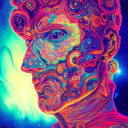 An extremely psychedelic experience, colorful, surreal, dramatic lighting, cosmonaut, LSD, face, detailed, intricate, elegant, highly detailed, digital painting, artstation, concept art, smooth, sharp focus, illustration, art by Sam Spratt, Dan Mumford, Artem Demura and Alphonse Mucha