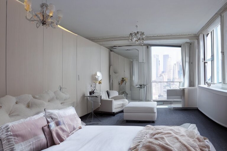 A sunny bedroom, exquisite decoration, all New York Apartments style furniture, polar bear, high tech