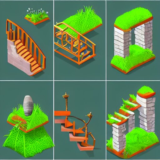 3 d mobile game prop pack is an isometric stairs but with an organic natural design that is based on different grass items - like plants with grass all inspired artstation stylized nature. around the stair, we can see flowers, grass, bushes. all in isometric perspective and semi - realistic style white background 