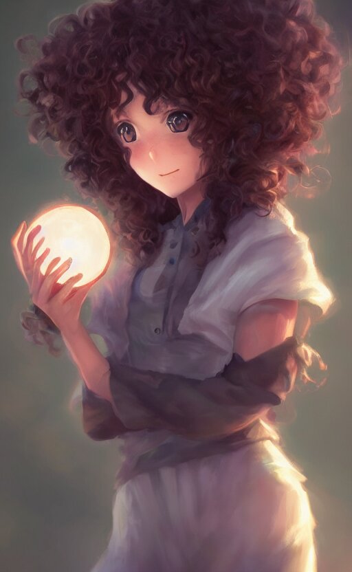 anime girl with curly hair holding a magical orb, WLOP, concept art, digital painting, trending on artstation, highly detailed, epic composition, 8k UHD