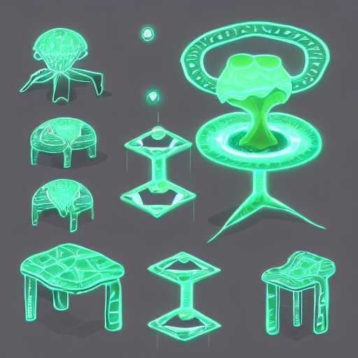 concept art 2 d game asset of furniture with an organic isometric design based on bioluminescent alien - like plants inspired by the avatar's bioluminescent alien nature. around the furniture, we can see plants that glow in the dark. all in isometric perspective and semi - realistic style item is in a black background 