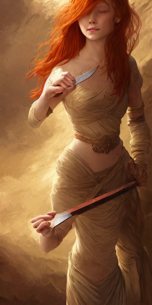 ginger girl with problems dringing in an ancien taver and playing with a knife, magic the gathering, ancient, sand, emerald, intricate, highly detailed, digital painting, artstation, concept art, smooth, sharp focus, illustration, Unreal Engine 5, 8K, art by artgerm and greg rutkowski and alphonse mucha