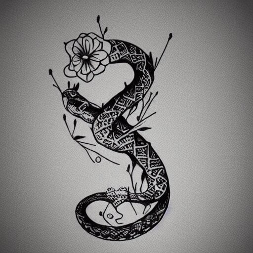 tattoo design, stencil, tattoo stencil, traditional, a snake surrounded by flowers