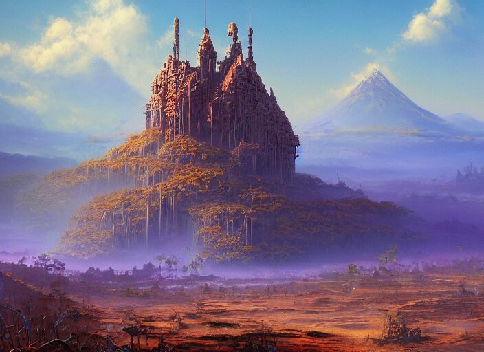 The ash lands of Morrowind by Bruce Pennington, fantasy landscape, oil painting, 8k, featured on artstation, elegant, intricate