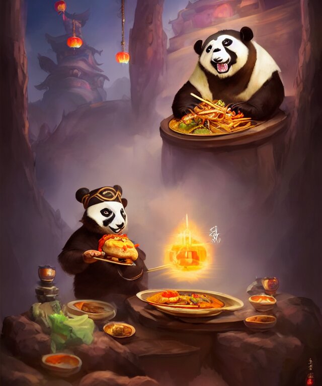 a portrait an anthropomorphic panda mage eating chinese food, wearing mage robes, restaurant in background, cute and adorable, dnd character art portrait, well rendered matte fantasy painting, deviantart artstation, by jason felix by steve argyle by tyler jacobson by peter mohrbacher, cinematic lighting 