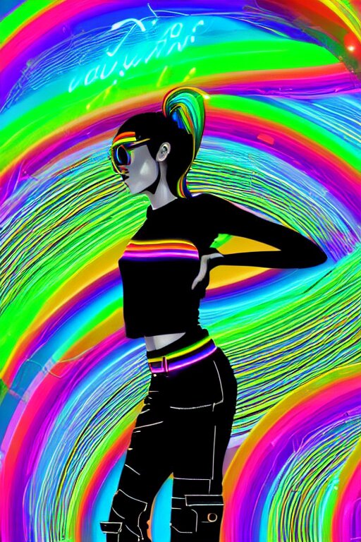 a award winning half body portrait of a beautiful woman with stunning eyes in a croptop and cargo pants with rainbow colored hair, routlined by whirling illuminated neon lines, fine rainbow colored lines swirling in circles, outrun, vaporware, shaded flat illustration, halftone, digital art, trending on artstation, highly detailed, fine detail, intricate 