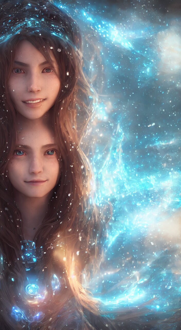 Teenage female Mage, outdoors lighting, astral background, symmetrical face and body, confident, smile, detailed moisture, detailed droplets, detailed intricate hair strands, DSLR, ray tracing reflections, eye reflections, focused, unreal engine 5, vfx, post processing, post production, Arcane Style, 8k