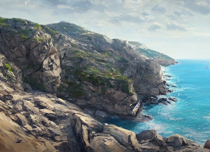 villane brutalist base of James Bond, coastal perched on a cliff overlooking a magnificient bay, concept art oil painting by Jama Jurabaev, extremely detailed, brush hard, artstation