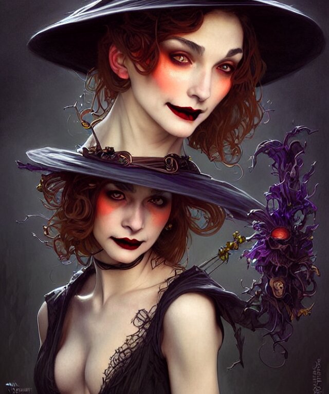 halloween witch woman in a hat smiles, fantasy magic, undercut hairstyle, dark light night, intricate, elegant, sharp focus, illustration, highly detailed, digital painting, concept art, matte, art by wlop and artgerm and greg rutkowski and alphonse mucha, masterpiece 