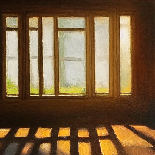 oil painting of mostly empty cottage interior, one small window with sunlight shining onto the floor. artistic. cozy. wooden floor. rustic. 