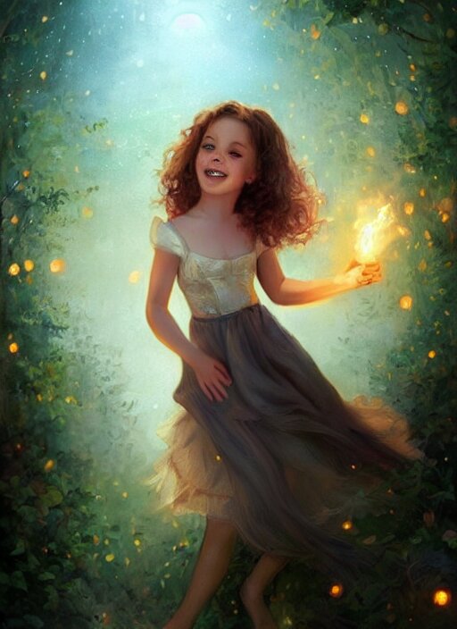 A cute little girl with short curly brown hair with a happy expression wearing a summer dress dancing with fireflies, she is in the distance. beautiful fantasy art by Charlie Bowater.