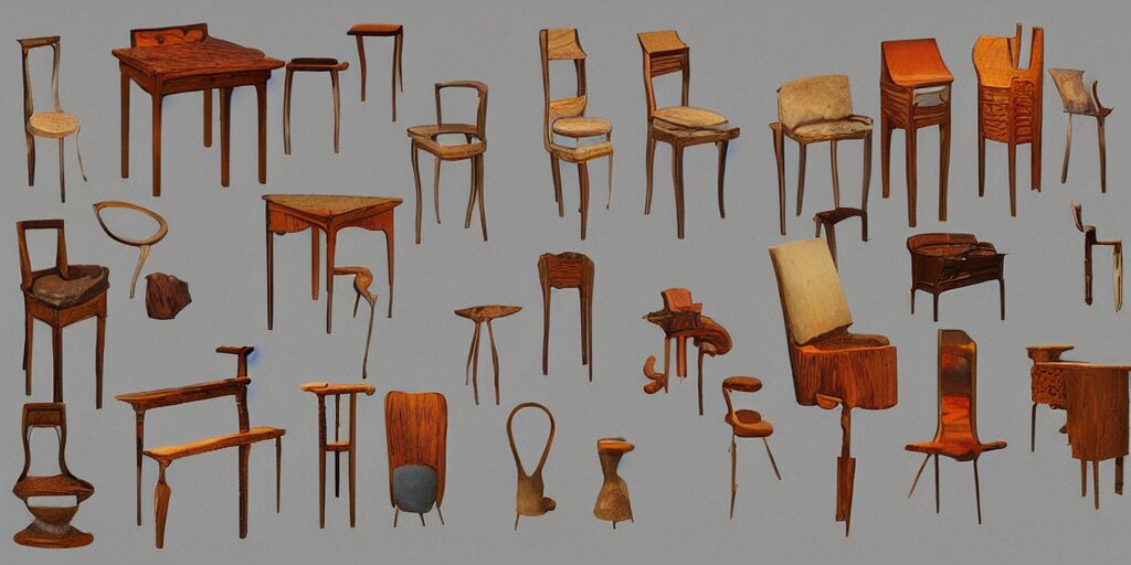 furniture designs in the style of modigliani, design sheet, Les Edwards, Zdzislaw Beksinski, Carl Gustav Carus, John Harris, Michal Karcz, Zhang Kechun, Mikko Lagerstedt, Scott Listfield, Steven Outram, Jessica Rossier.