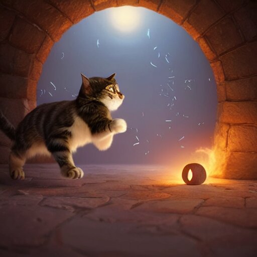 a wholesome cottagecore illustration of a cat chasing a butterfly through a portal to the 4th dimension, Pixar and Disney animation, sharp, Rendered in Redshift and Unreal Engine 5 by Greg Rutkowski, Bloom, dramatic lighting