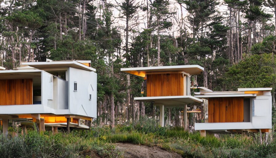 An architectural rending of an eco-community neighborhood of innovative contemporary 3D printed sea ranch style cabins with rounded corners and angles, beveled edges, made of cement and concrete, organic architecture, on the California coastline with side walks, parks and public space , Designed by Gucci and Wes Anderson, golden hour