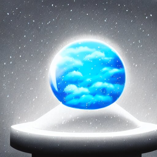 summer weather inside a snowglobe. Beautiful colorful clouds in moody greys and blues. High quality digital art, trending on artstation