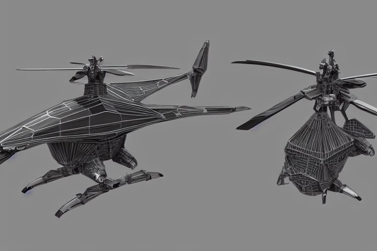 concept art of a futuristic helicopter, in gunmetal grey, extremely symmetrical, blueprint schematics, top down view, bottom view, side view, aggressive panels, mecha inspired, russian chopper, minigun turret, robotic, highly detailed, artstation, pinterest, super realistic, houdini 3 d, octane render 