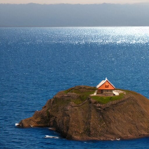 a mountain and the sea, a little house in the middle of the sea 