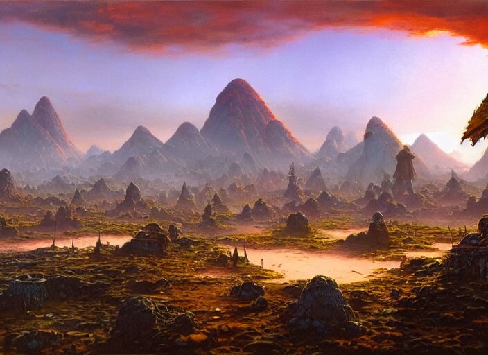 The ash lands of Morrowind by Bruce Pennington, fantasy landscape, oil painting, 8k, featured on artstation, elegant, intricate