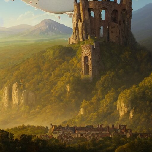 Vast verdant valley surrounded by Transylvanian mountains, with a large zeppelin hovering in the foreground, and a ruined medieval castle on the hillside in the background. No villages. Late evening light in the summer, gloomy weather. Hyperrealistic, high quality, sharp, highly detailed, peter mohrbacher,.