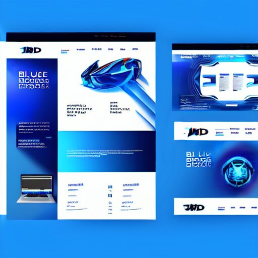 futuristic 3D website brand design portal, blue background with white text, new 4D design layout on the side, pleasing colors and readable fonts, featuring a super modern brand logo image in 5D