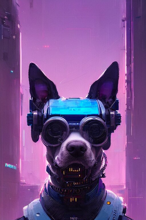 a beautiful portrait of a cute cyberpunk dog by greg rutkowski and wlop, purple blue color scheme, digital art, highly detailed, fine detail, intricate, ornate, complex 