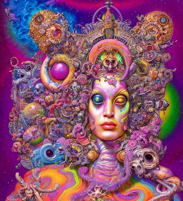 lisa frank inspired blotter acid fantasy character portrait of fertility goddess, ultra realistic, wide angle, intricate details, dharma artifacts, aum, highly detailed by hr giger, peter mohrbacher, wayne barlowe, boris vallejo, hajime sorayama aaron horkey, gaston bussiere, craig mullins 