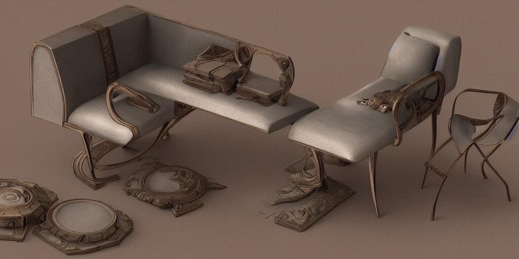 furniture design art deco, 3d render, furniture design sheet, Moebius, Greg Rutkowski, Zabrocki, Karlkka, Jayison Devadas, Phuoc Quan, trending on Artstation, 8K, ultra wide angle, zenith view, pincushion lens effect