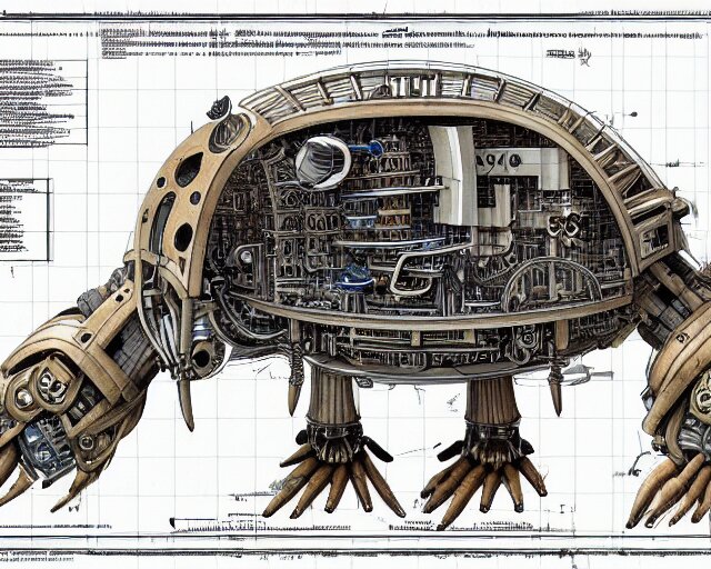 a full page of a mechanical blueprint showing a design for a mechanized sloth from howl's moving castle ( 2 0 0 4 ), with a big head, muted colors, post grunge, studio ghibli, hq, 