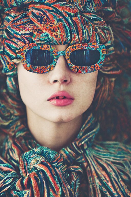 close - up portrait of a beautiful woman wearing sunglasses and a scarf with intricate psychodelic patterns, epic character composition, by katsura masakazu, alessio albi, ilya kuvshinov, nina masic, soft focus, vertical portrait, natural lighting, f 2, 5 0 mm, classic chrome, film grain, cinematic lighting 