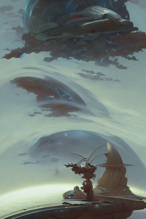 hyoerbolic starship concept design by peter mohrbacher and craig mullins and hiroshi yoshida and james jean and frank frazetta and michael whelan and andreas rocha 