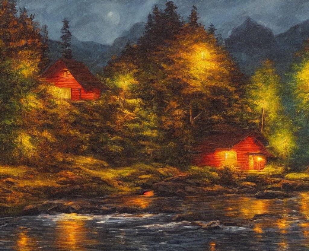 a river running past a cozy cabin in mountain side, night, heavy rain, colorful, classic painting, award winning, highly detailed 