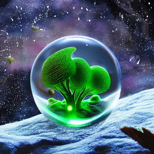 alien planet, lush with fluorescent mushrooms encapsulated in a snow globe, high detail, photorealistic 