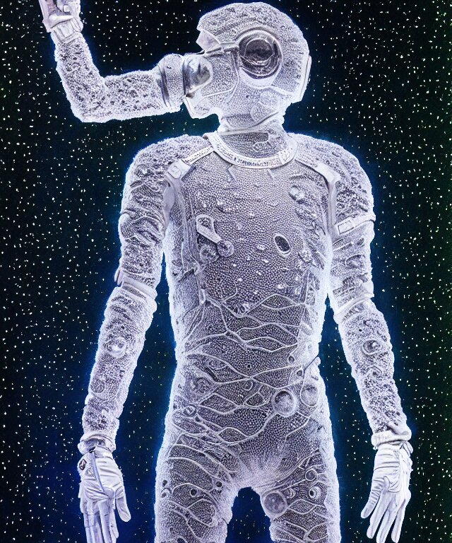 realistic extremely detailed  photo style  painting of a complete astronaut suit with exposed diamond 3d fractal lace iridescent bubble 3d skin clear brain+ one hand holding a glowing sparkle plasma spear and multiple chest  arm and legs chelate appendages and in a jumping float Pose
inside a  room made of black diamond iridescent fractal lace bubble materials,
monolithic retro futuristic ,water , by style hybrid mix of beeple+Anton Pieck+Jean Delville+ Amano,Yves Tanguy+ Alphonse Mucha+ Ernst Haeckel+ Edward Robert Hughes+Stanisław Szukalski , 
rich moody colors,diamond dust glitter and sparkles, holographic krypton ion,blue eyes,octane render,4k,
f32,55mm photography,wide angle ,jumping float Pose,full shot,full grok  