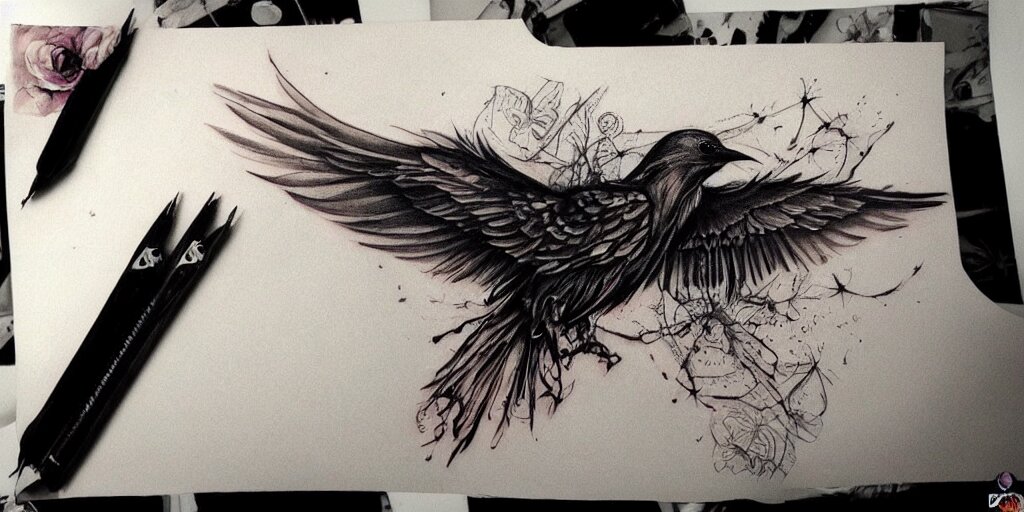 realistic tattoo designs drawn on paper, dark crow, cry, scream, golden, goddess, delicate, hyper realism, tim burton, ink, ultra realistic, 8 k 