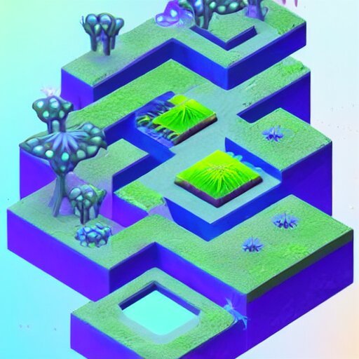 3 d mobile game asset is an isometric staircase with an organic isometric design based on bioluminescent alien - like plants inspired by the avatar's bioluminescent alien nature. around the stair, we can see plants that glow in the dark. all in isometric perspective and semi - realistic style item is in a black background 