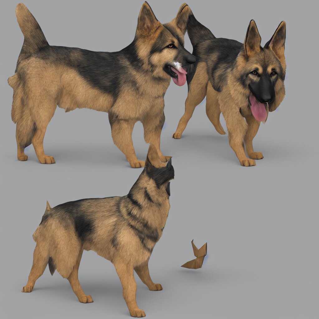 3 d rendering of paper japanese origami of simplified form of german shepherd, 2 d image 